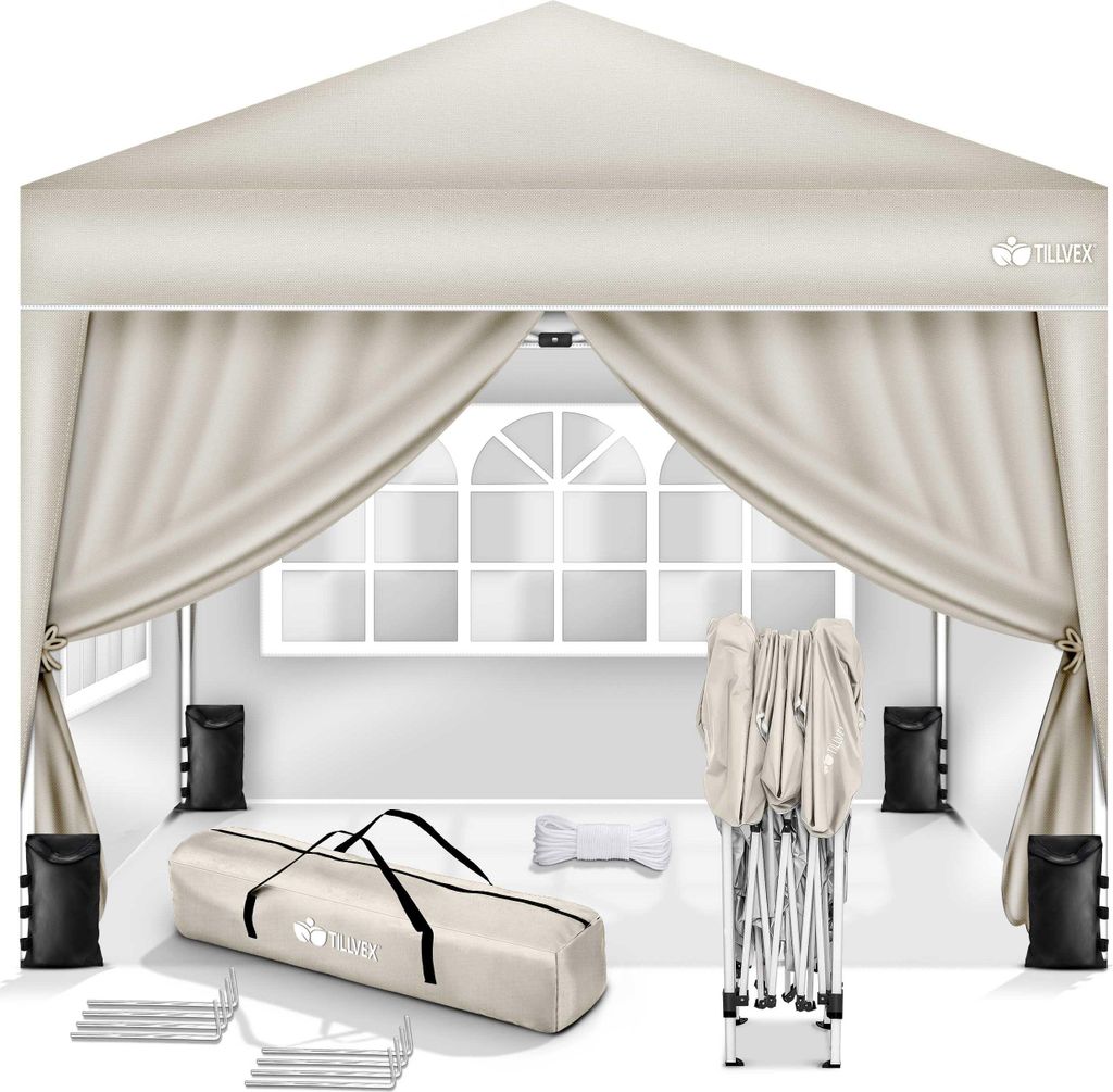 tillvex Pavillon 3x3m Beige - mit 4 Seitenteilen wasserdicht | Pop-Up Faltpavillon höhenverstellbar | Gartenzelt UV Schutz 50+ | Partyzelt mit Tas...