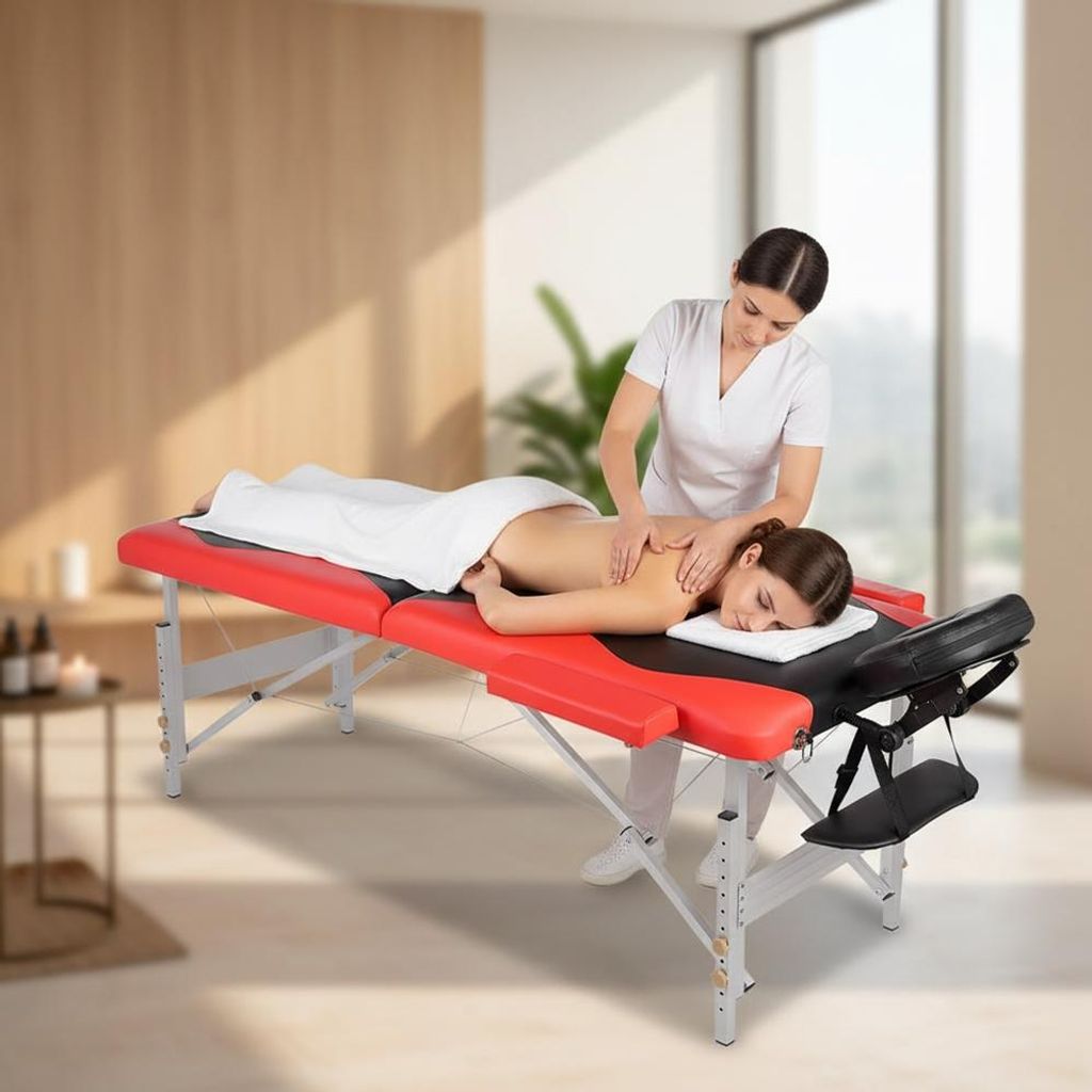 Massageliege 3-Zonen Alu höhenverstellbar Schwarz/Rot mit Produktbild 
