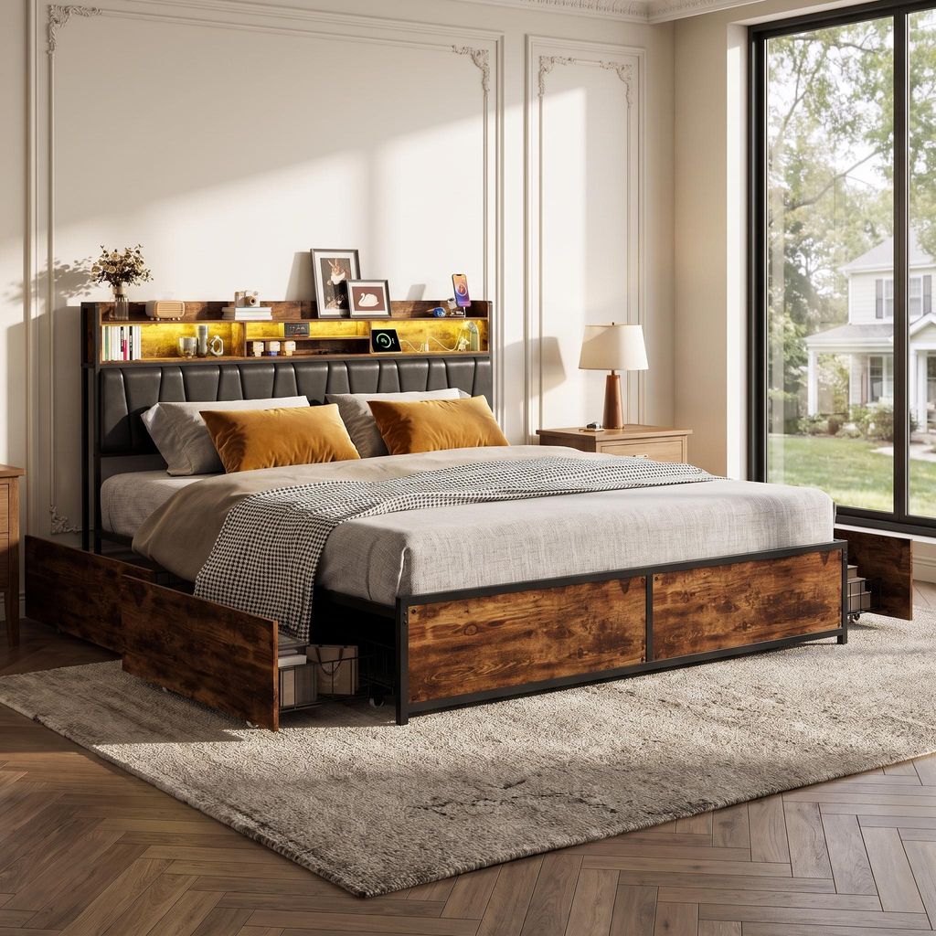 Opbergbed 180x200 cm, bed met opbergruimte, 4 lades, Productafbeelding 