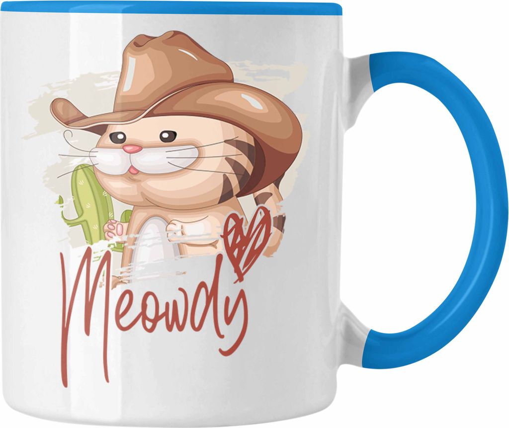 Trendation - Katze Tasse Geschenk Grafik für Katzenliebhaber Katzenmama Papa Meowdy (Blau)