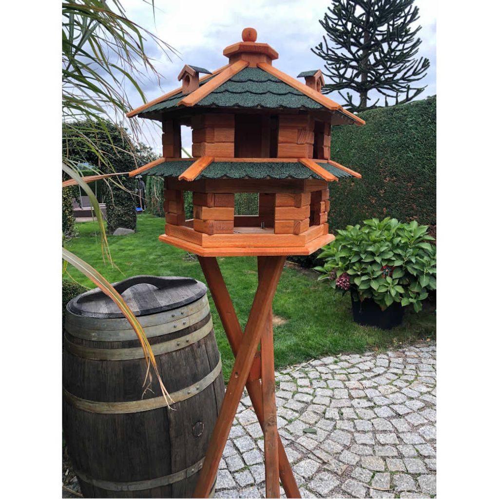 Vogelhaus L Futterstelle Vogelhäuschen Sechseck aus Holz mit Ständer Braun//Rot