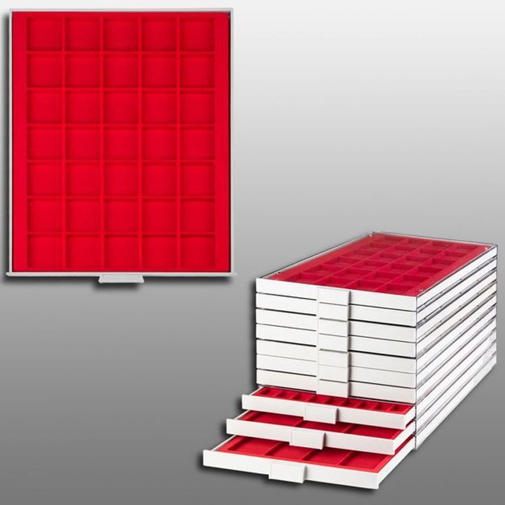 Prophila Collection Münzbox grau 35 eckige Fächer für Münzen bis 36mm, rote Einlage
