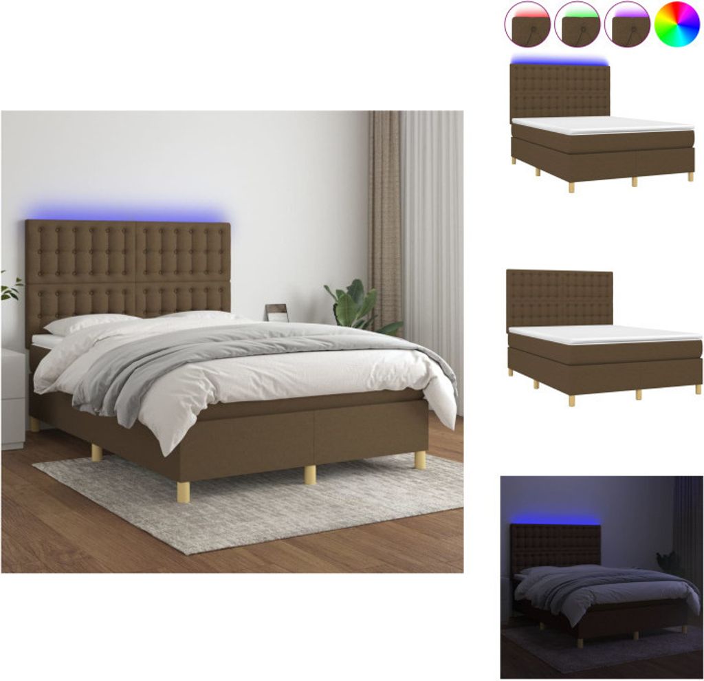 vidaXL Boxspringbett mit Matratze & LED Dunkelbraun 140x200 cm Stoff - Betten & Bettgestelle