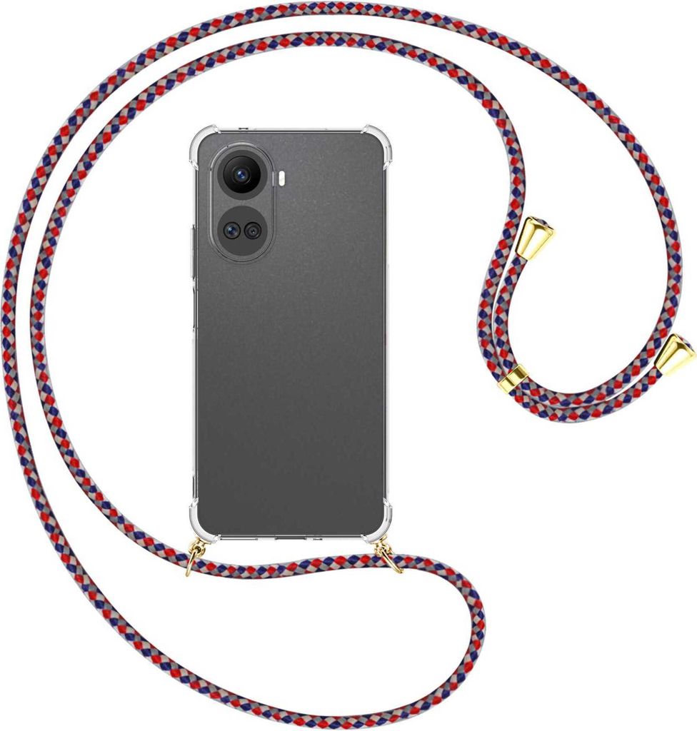 Handykette Backcover-Schutzhülle mit Band (Metall goldfarben) für Huawei nova 10 SE (BNE-LX1,LX3) - silber/blau/rot
