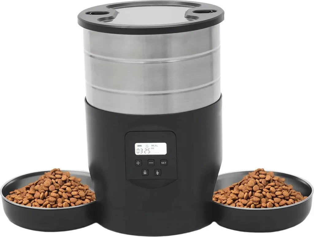 Distributeur croquettes programmable 4,5L avec deux bols inox gris