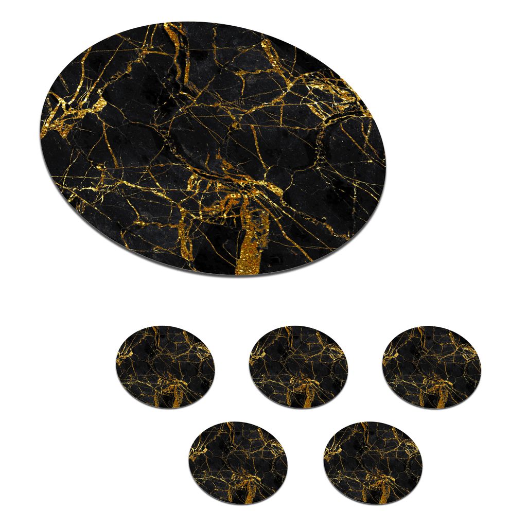 KitchenYeah Glasuntersetzer Rund 6er Set Marmor - Gold - Schwarz - Muster 10x10 cm Untersetzer für Gläser - Getränkeuntersetzer - Tischplatte...