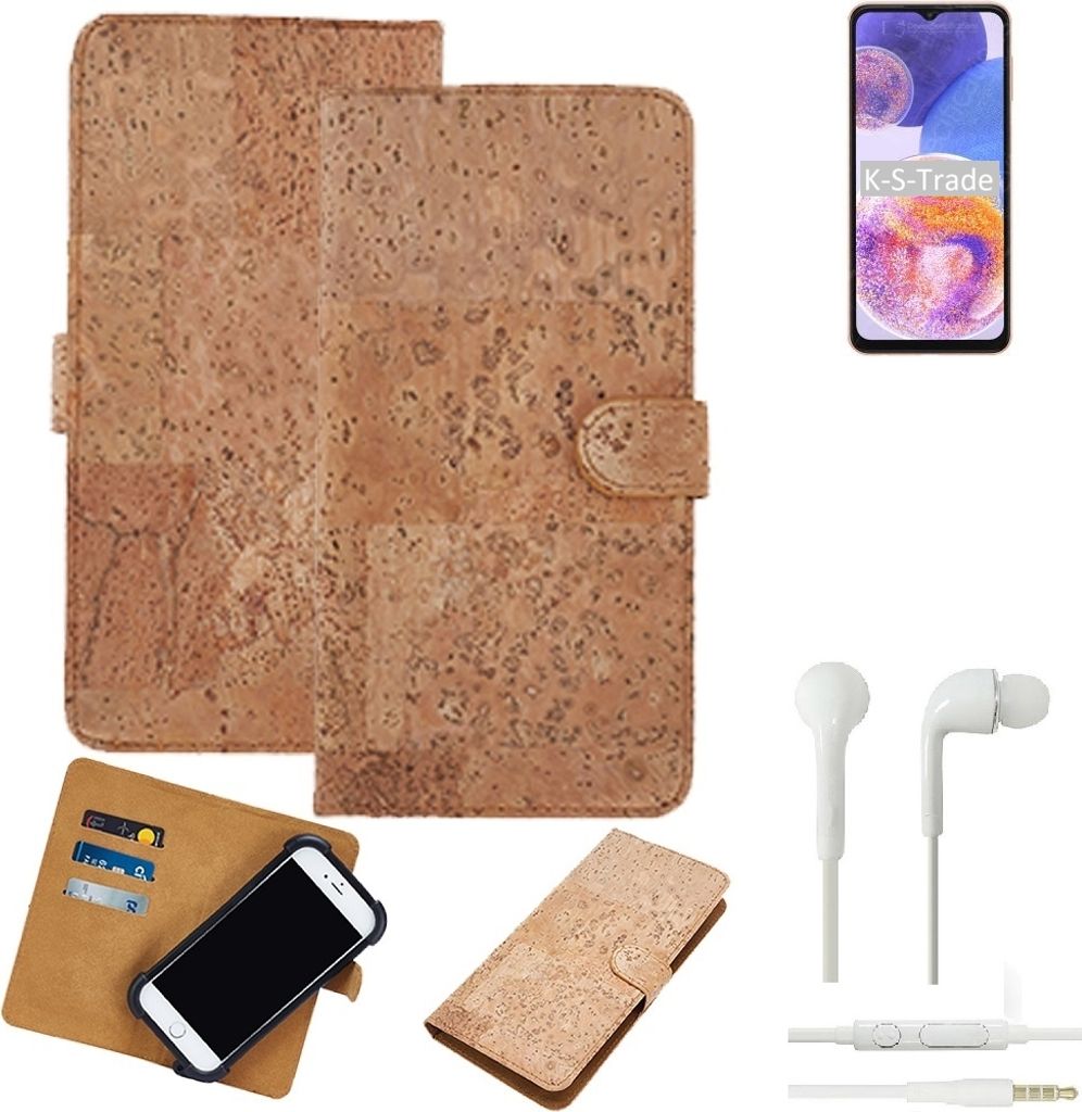 K-S-Trade Hülle kompatibel mit Samsung Galaxy A23 + in ear Kopfhörer Kork Handyhülle Cover Schutzhülle TPU Case Bumper in Hellbraun, (1x)