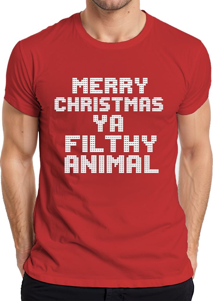 Merry Christmas Ya Filthy Animal Weihnachten Filmzitat Kultspruch Herren T-Shirt, Rot, L