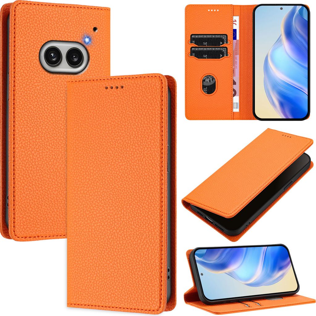 Litchi Leder Handyhülle für Nothing Phone 2A Wallet Kartenfächer Standfunktion Hülle Orange