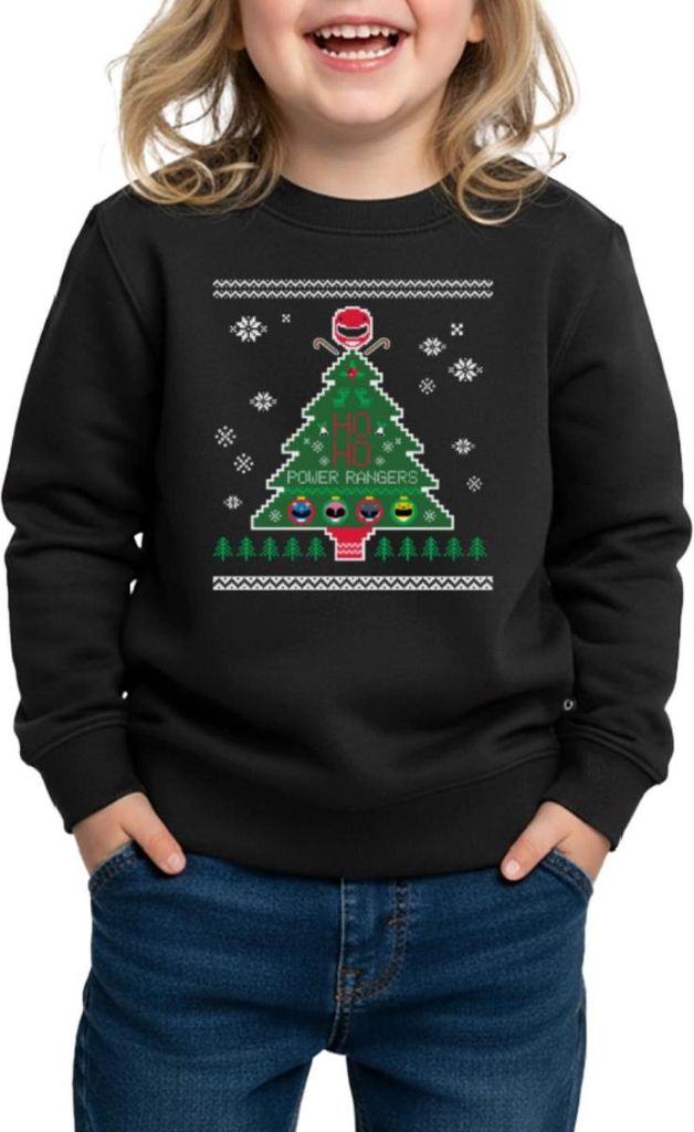 Spreadshirt Power Rangers Ugly Christmas Weihnachtsbaum REGULAR FIT Kinder/Teenager Premium Bio Crew Neck, 122/128 (6 Jahre), Schwarz