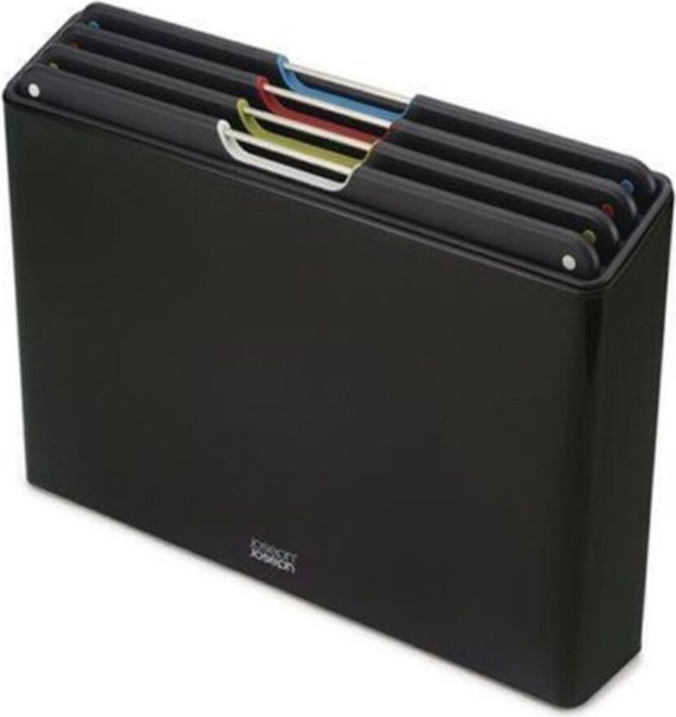 A black cutting board set with colored tabs is shown against a white background.