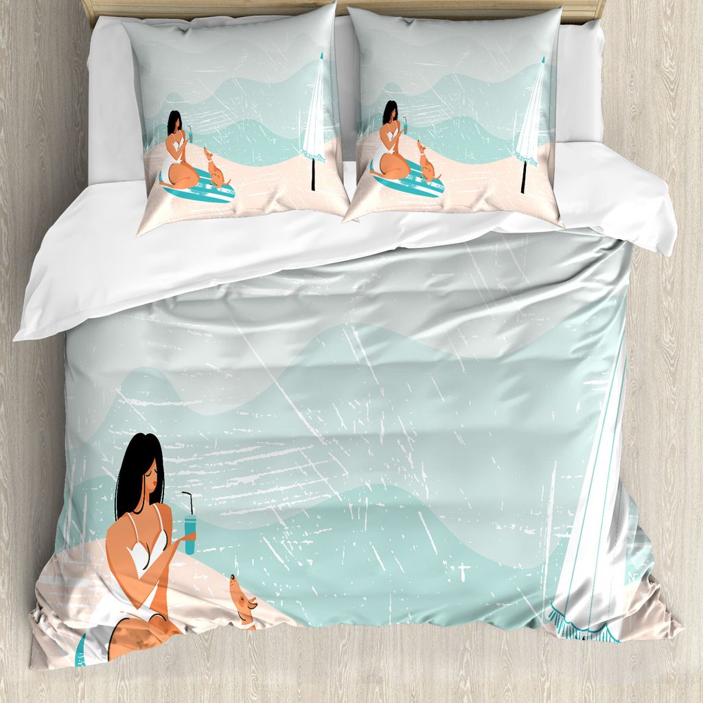 ABAKUHAUS Grafik-Strand Bettbezug Set für Einzelbetten, Mädchen und Hund im , Milbensicher Allergiker geeignet mit Kissenbezug, 200 cm x 200 cm -...