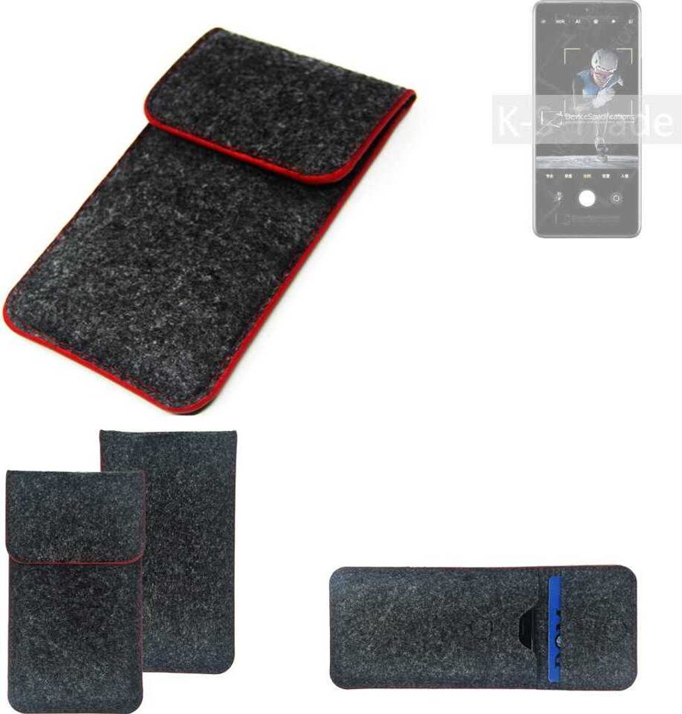 K-S-Trade Handy Schutz Hülle kompatibel mit Xiaomi 12S Pro Schutzhülle Handyhülle Filztasche Pouch Tasche Case Sleeve Filzhülle dunkelgrau roter