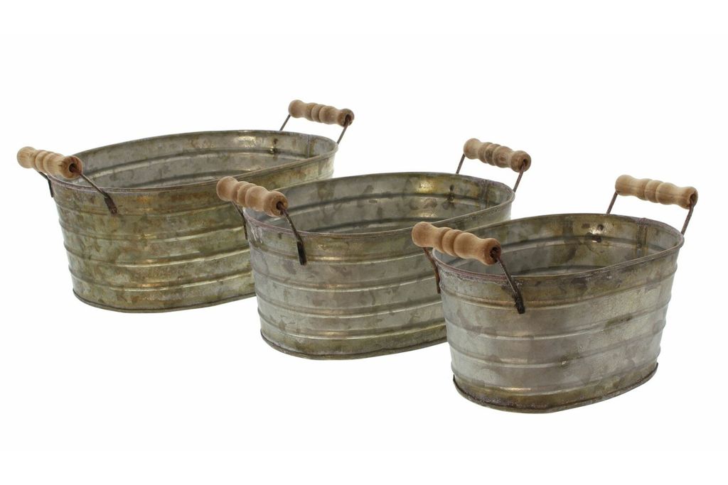 Set Aus 3 Metallbehältern Mit Holzgriffen – Im Vintage-Look, Ideal Zur Aufbewahrung