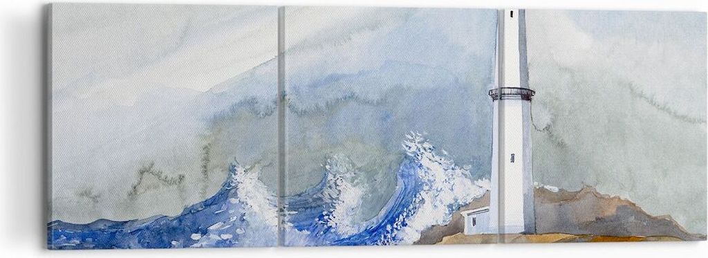 Bild auf Leinwand - Leinwandbild - Leuchtturm Wasser Illustration Welle - 120x40cm - Wand Bild - Wanddeko - Leinwanddruck - Bilder - Kunstdruck - L...