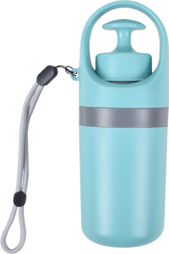 A teal colored portable poop scooper with a gray strap is shown against a white background.