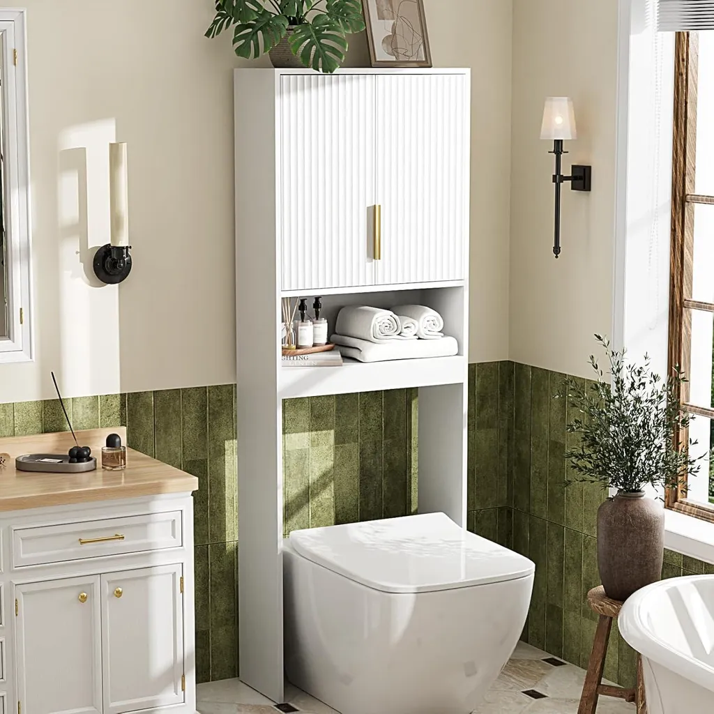 Armoire lave-linge FCH avec étagère WC 2 portes et tablette, blanc