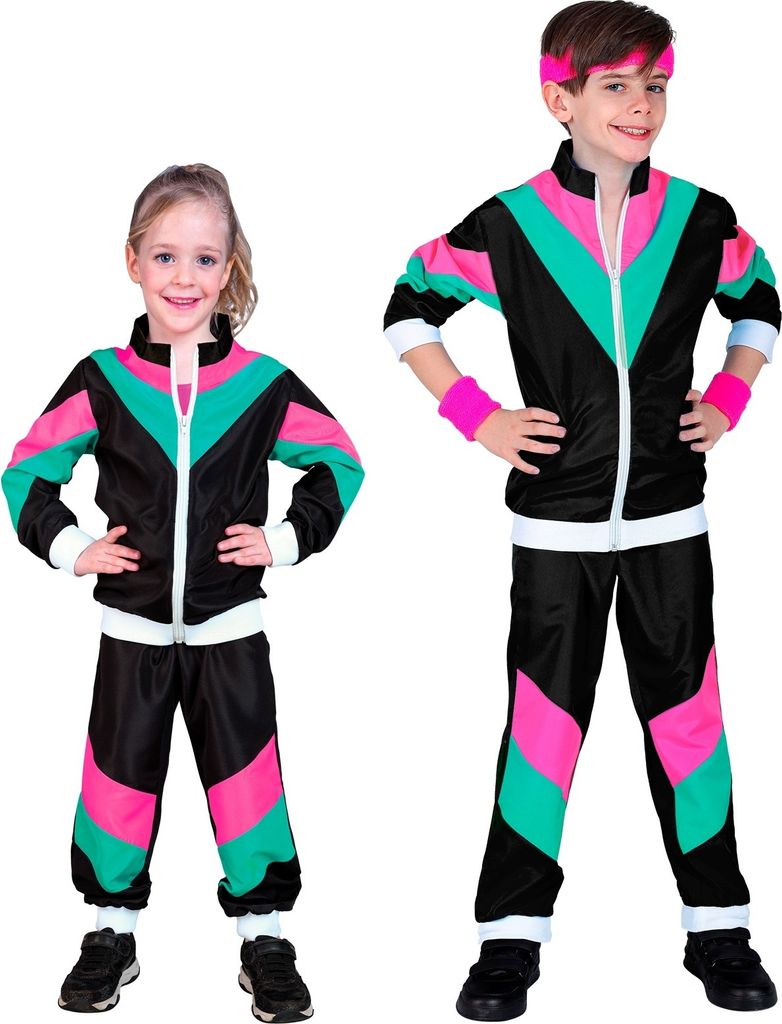 Two children, a boy and a girl, are posing in matching retro-style tracksuits.