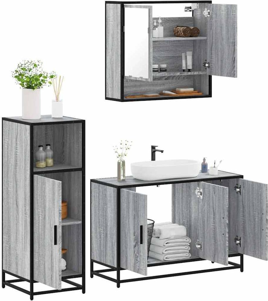 Maison Exclusive - 3-tlg. Badmöbel-Set Grau Sonoma Holzwerkstoff