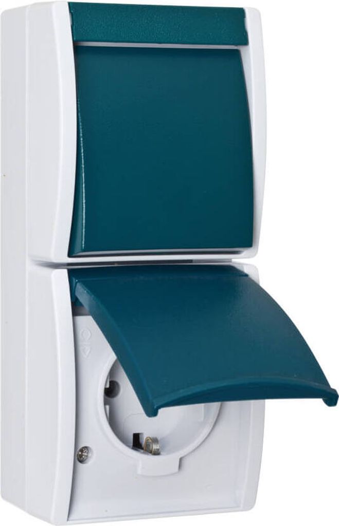 A white and teal electrical outlet with two protective covers.