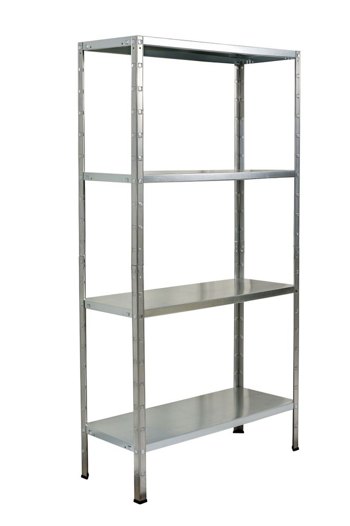 A four-shelf metal storage unit.
