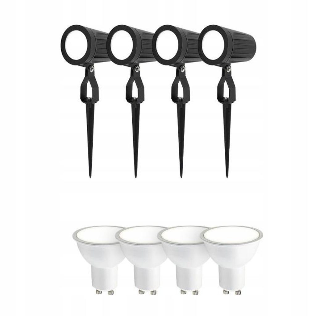 4er-Set | GU10-Gartenspot zum Einstecken, IP65, schwarz, Aluminium, OPTIC-G | HOROZ + FARI-Glühbirne 4000K 5,5W GU10 EDO777460