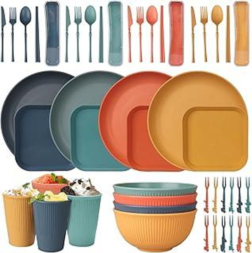 48 Teiliges Unzerbrechliches Geschirr Set, Wiederverwendbar Camping für 4 Personen Plastikgeschirr Picknick Leicht Bunt Grill Kunststoff Servierte...
