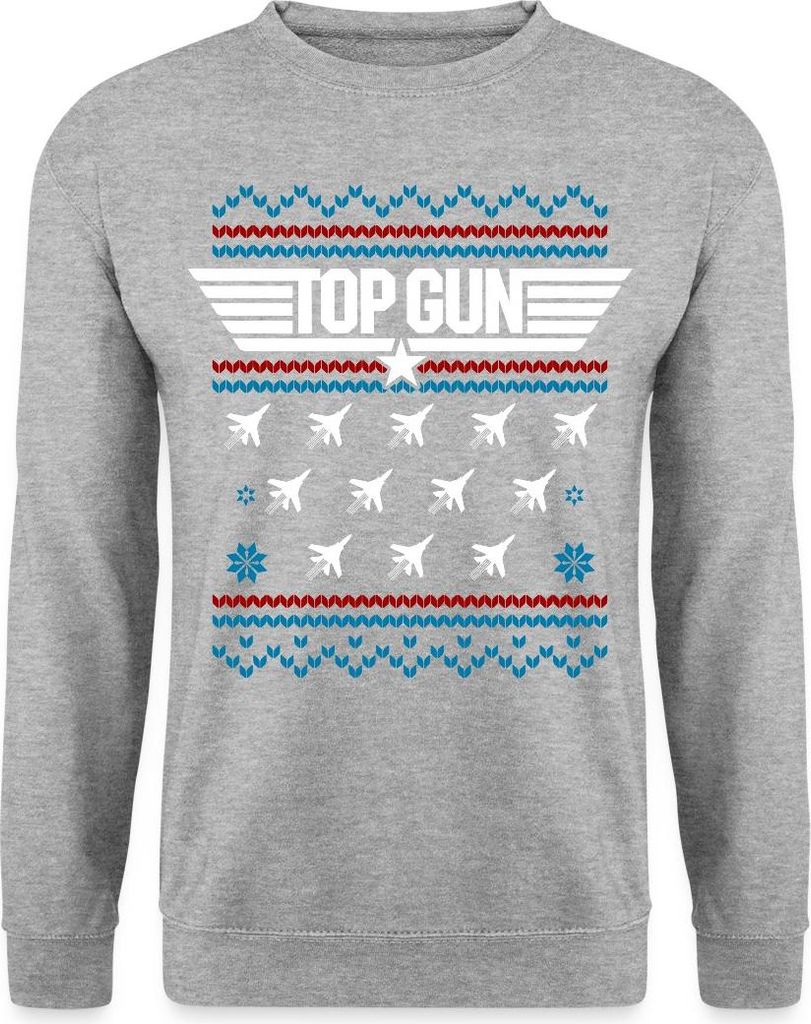 Spreadshirt Top Gun Logo Und Jets Ugly Christmas Uni Pullover, XL, Weißgrau meliert