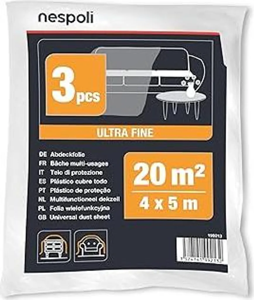 Set Nespoli con 3 teloni di copertura, 4 x 5 m per proteggere mobili e arredi interni, teloni da imbianchino grandi e resistenti da 20 m² – Copertura in tessuto ultrafino, flessibile e resistente agli strappi