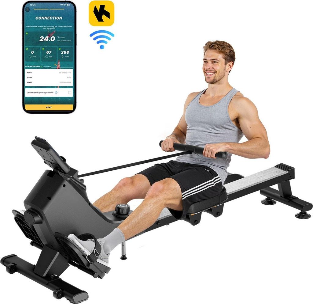 Rudergerät - Magnetischer Heimtrainer - 16 Widerstandsstufen - Leise - Faltbar - LCD-Display - Bluetooth & App-kompatibel - Bis 158 kg belastbar