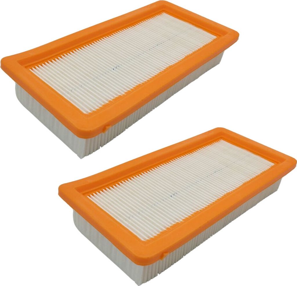 Two rectangular air filters with orange frames and white pleated filter material are shown on a white background.