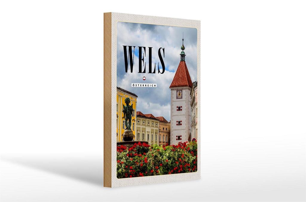 Holzschild Reise 20x30cm Wels Österreich Kirche Mittelalter