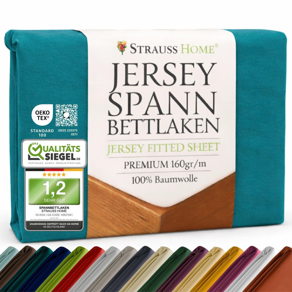 Strauss Home Premium Spannbettlaken – 160 g/m² Gekämmte Baumwolle – Jersey in Hotelqualität – Formstabil & Langlebig – Rundumgummi –...