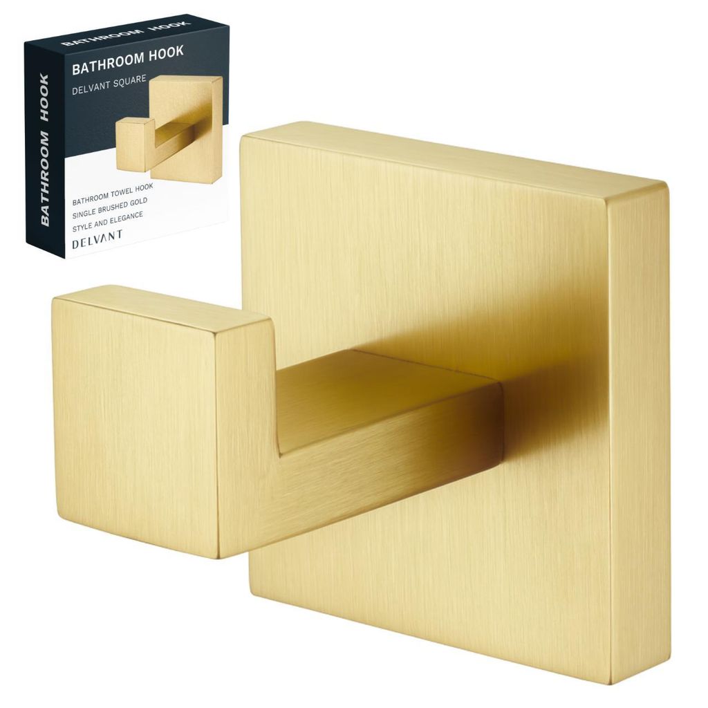 Handtuchhaken DELVANT SQUARE gebürstetes Gold Edelstahl Wandhaken Badezimmer modern robust rostfrei Montage mit Dübeln elegantes Design kompakt
