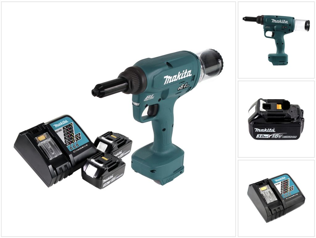 Makita DRV 250 RF Akku Blindnietsetzgerät 18V 20kN Brushless + 2x Akku 3,0Ah + Ladegerät