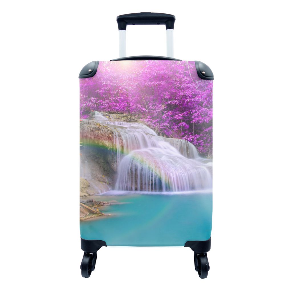 MuchoWow Koffer Handgepäck Trolley Rollkoffer Kleine Reisekoffer mit 4 Rollen - Wasserfall - Bäume - Regenbogen - Lila - Cabin Size < 55x40x23 ...