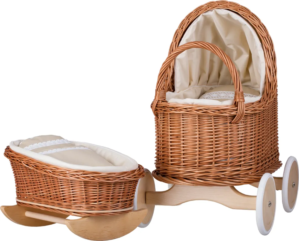 Poussette et berceau de poupée en osier avec literie rose et beige
