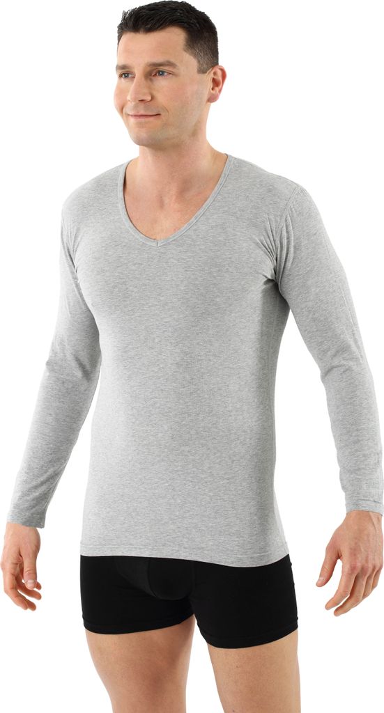 ALBERT KREUZ Herren Langarm-Unterhemd Baumwolle mit Elasthan V-Ausschnitt grau, 06/L