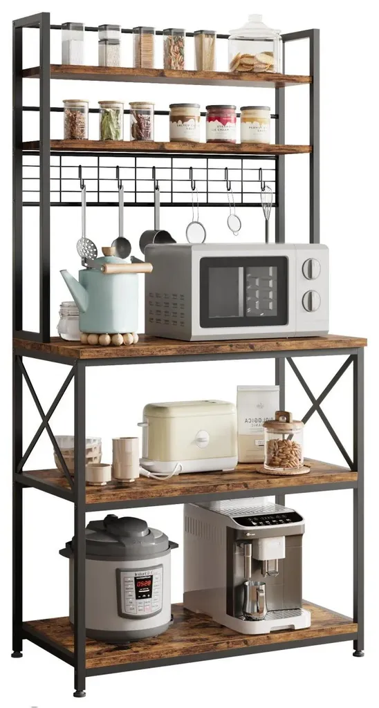 Étagère de cuisine 5 niveaux brun rustique pour micro-ondes et café
