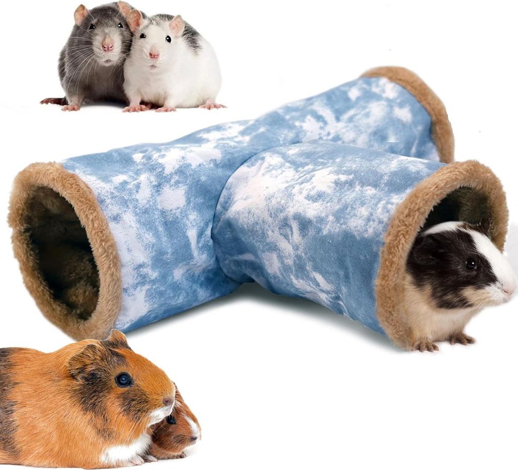 Fleece-Tunnel für Kaninchen und Meerschweinchen - Faltbar und Waschbar - Spieltunnel mit 3 Röhren - Blau Φ15cm