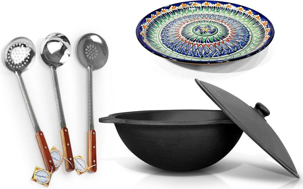 16 L Kazan Uzbekisch Gusseisen Schaumlöffel Plov Kochtopf WOK Kasan Lagan Ляган
