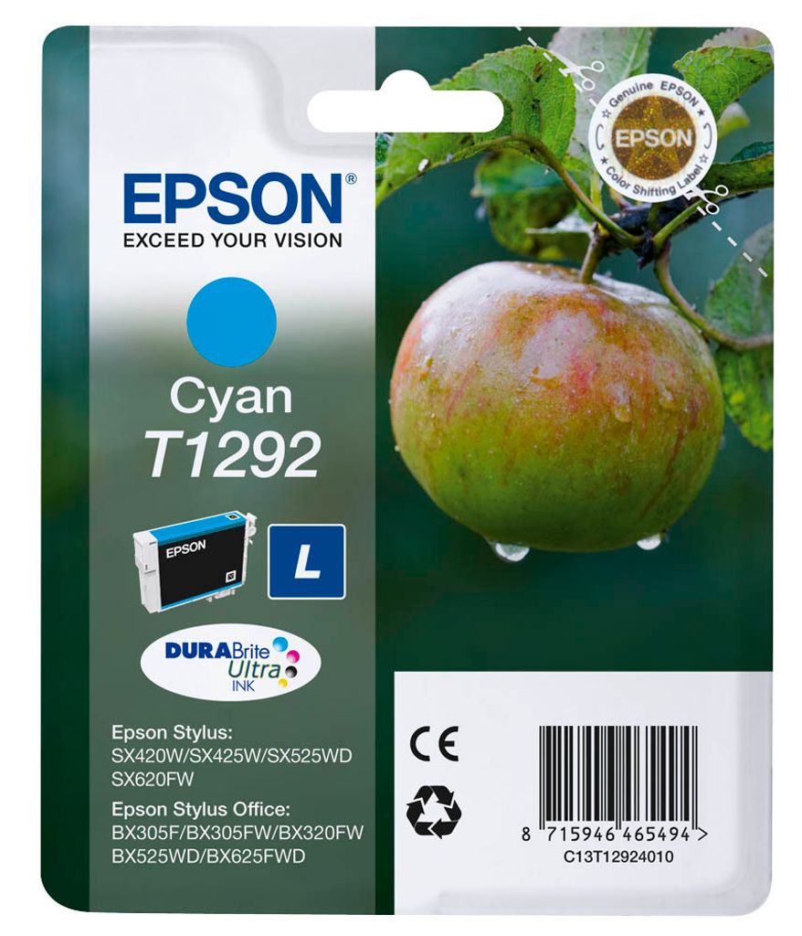 The image shows the packaging of an Epson T1292 cyan ink cartridge, with a close-up of an apple on a branch in the background.