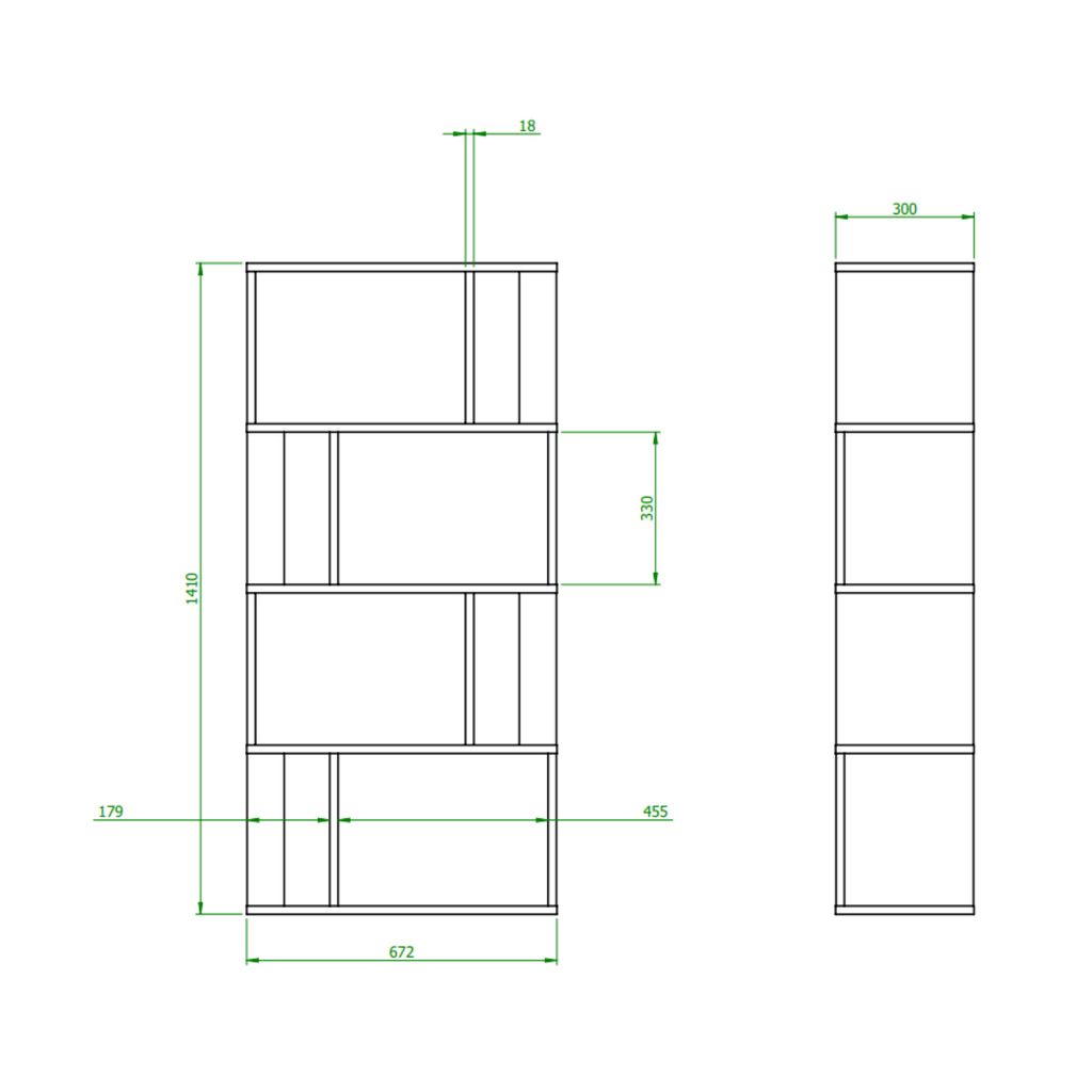 Technical drawing of a white bookshelf with dimensions indicated.