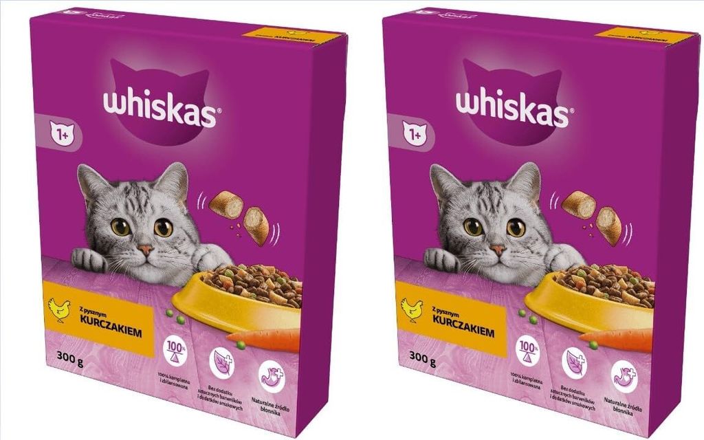 Whiskas Adult 1+ Katzentrockenfutter für Erwachsene Katzen mit Huhn 2er Pack (2 x 300 g) im Karton