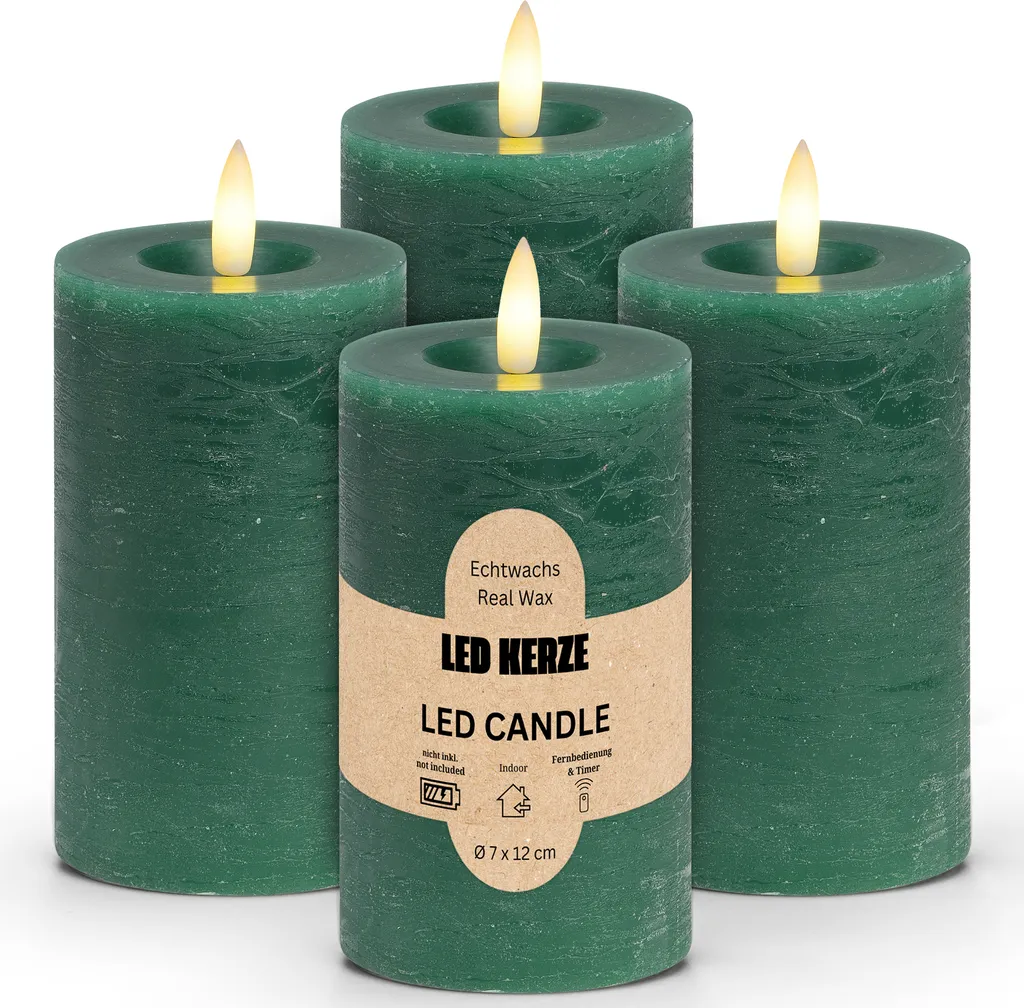 Lot de 4 bougies LED en cire véritable flamme vacillante vert Ø 7x12 cm
