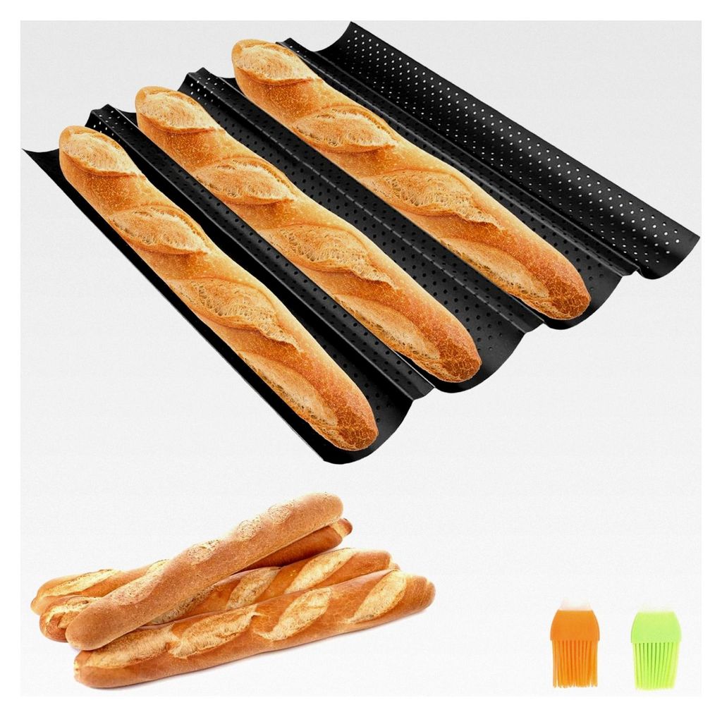 Baguette-Backblech, antihaftbeschichtet, für 4 Wellenschlitze, perforierte Kastenformen