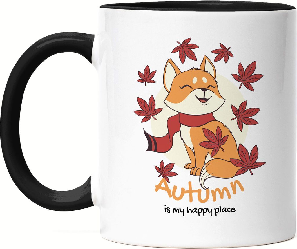 Autumn Is My Happy Place Tasse Schwarz Herbstblätter Laub Ahornblätter Fuchs Goldbraune Farben Herbstzeit Herbstbeginn