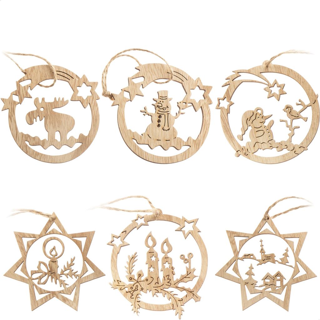 com-four 6x Tannenbaumschmuck Holz-Anhänger Set - Weihnachtsbaumschmuck zum Dekorieren - Christbaumschmuck sternförmig und im Kugel-Design