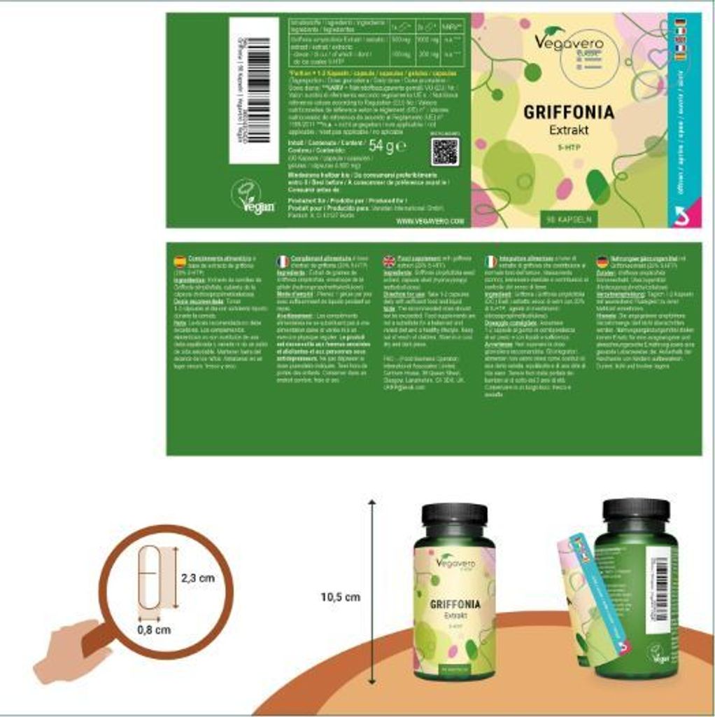 Vegavero Griffonia Extrakt | 90 Kapseln | 200 mg 5-HTP | hochdosiert | vegan