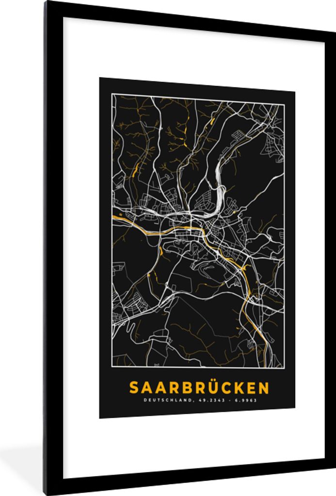 MuchoWow Gerahmtes Poster Saarbrücken - Stadtplan - Gold - Karte - Deutschland 60x90 cm - Poster mit Schwarzem Bilderrahmen Wandposter Rahmen Fo...